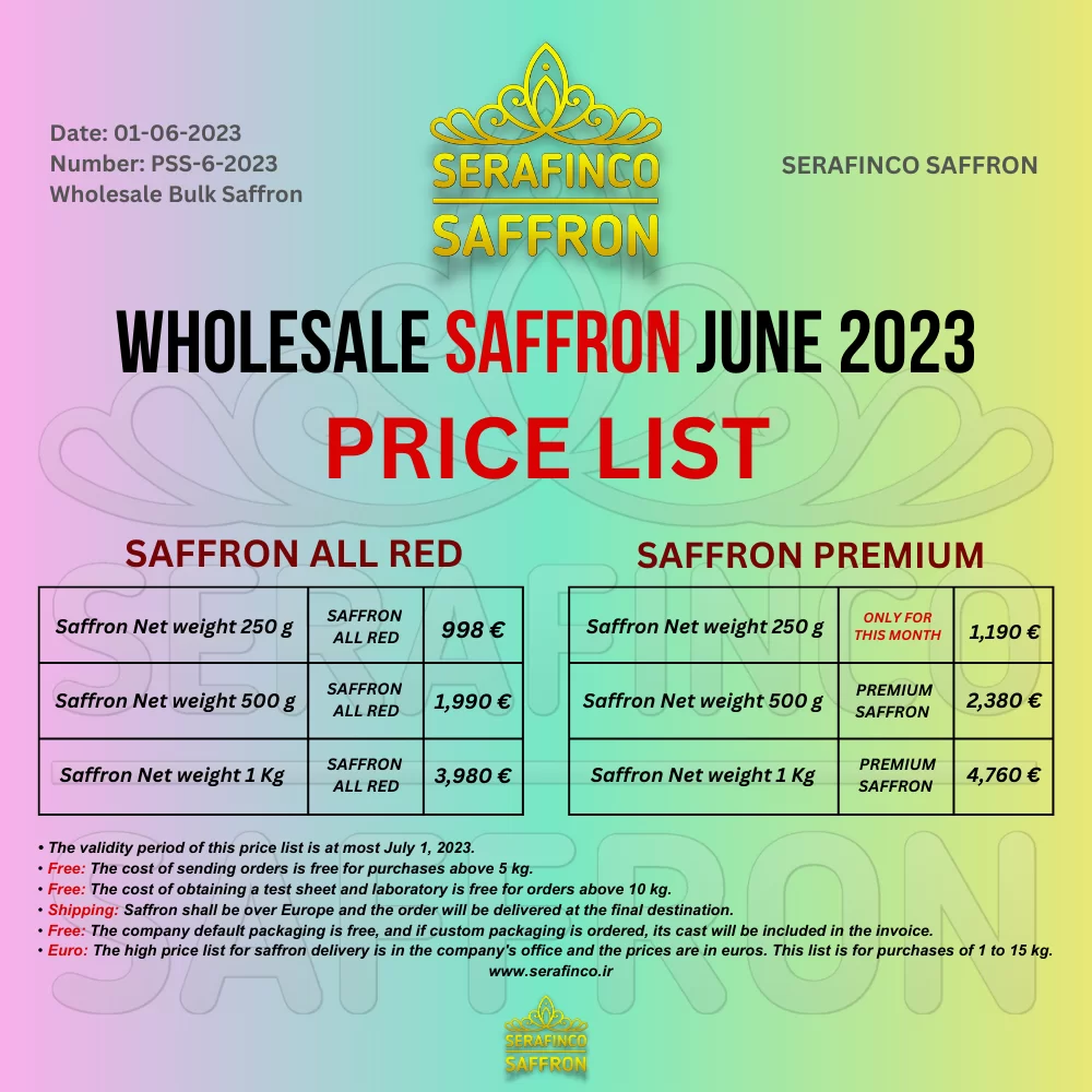 SAFFRON PRICE (Wholesale Saffron price June 2023 - PRICE LIST) SERAFINCO SAFFRON