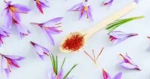 Saffron spice in a wooden spoon among crocus flowers on a white background. saffron spice used in cooking,